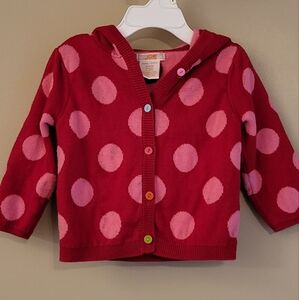 Red and pink polka dot hooded button down sweater